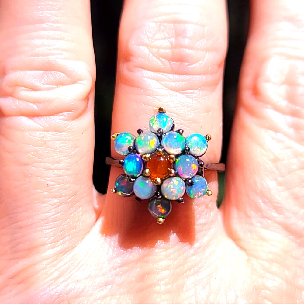 Orange & blue Opal flower ring sz7 sterling silver